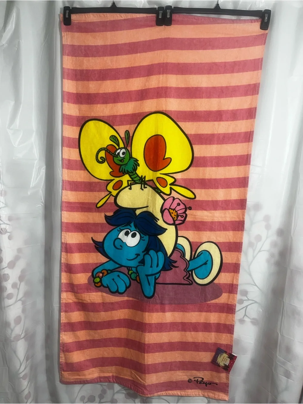 Blue Smurf Character Towel - Pink & Peach Stripes 27”x55”